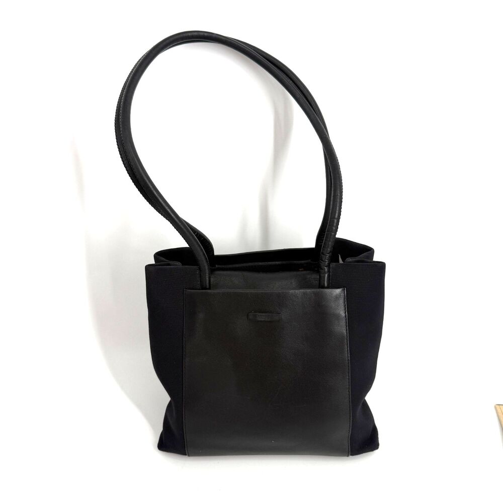 Tumi Tote Bag Shoulder Purse Black Leather Nylon Minimalist 90s Y2k Travel